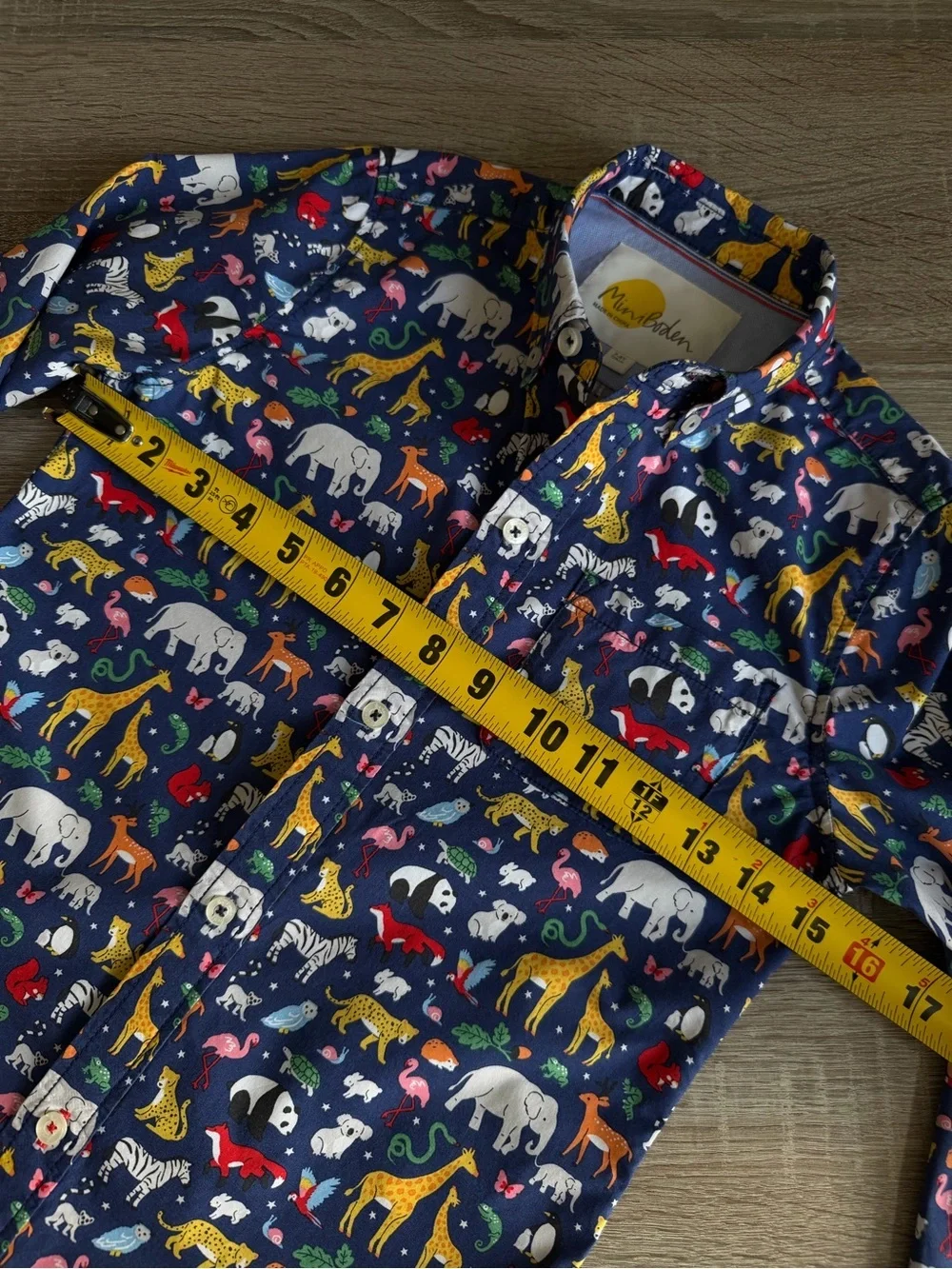 Mini Boden Navy Shirt with Colorful Animal Print 7-8